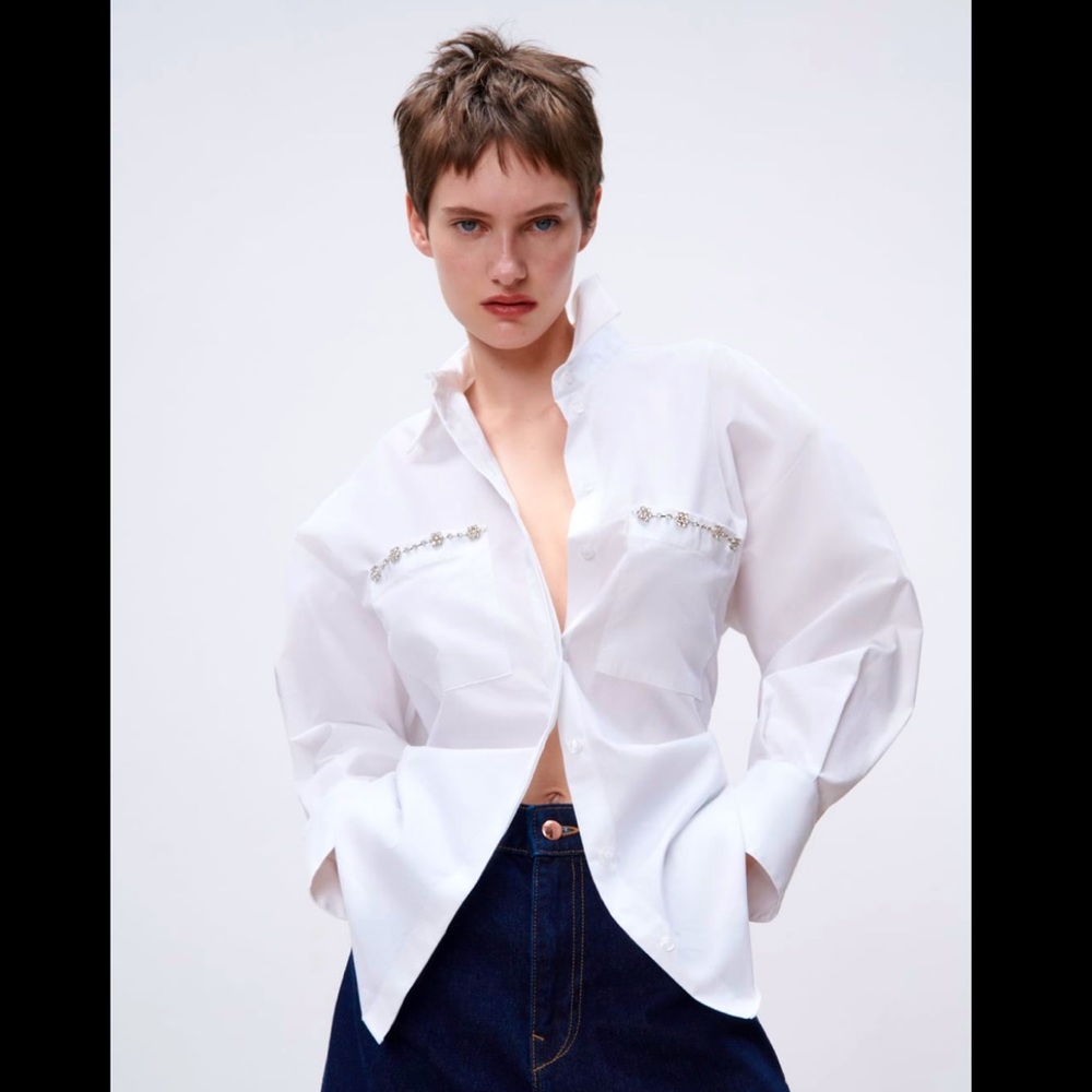 Zara White Jewel Detail Oversized Shirt - Picture 4 of 11